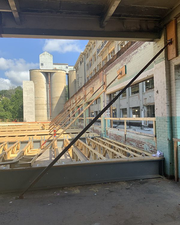 Shoring Exterior Shoring and Bracing used to secure the facade during the selective demolition of an old mill