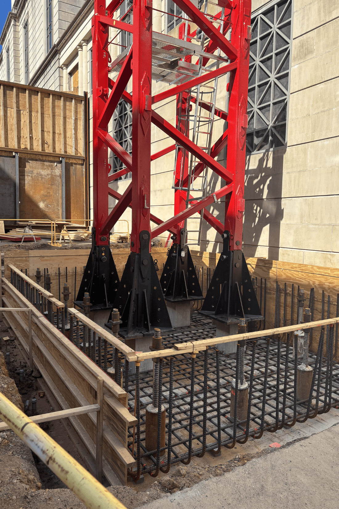 Custom supports built to support the crane in a narrow staging area