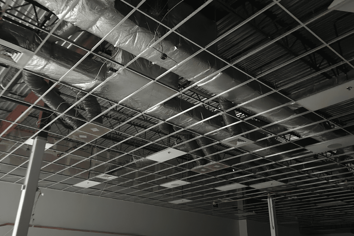 Exposed ceiling inside a retail space during demolition