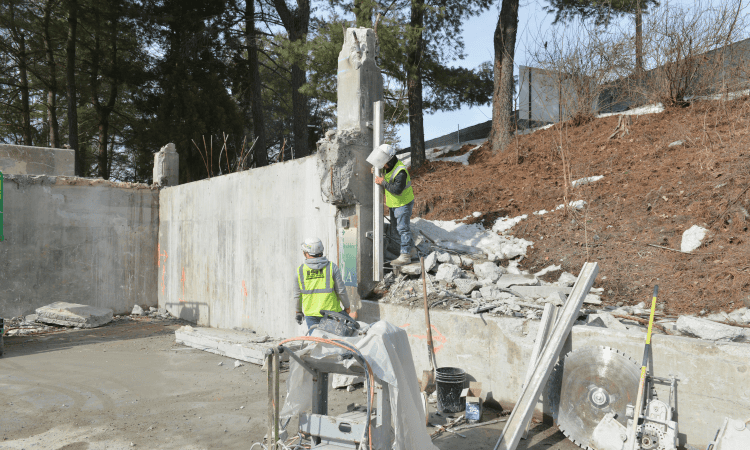 Crews setting up the track saw