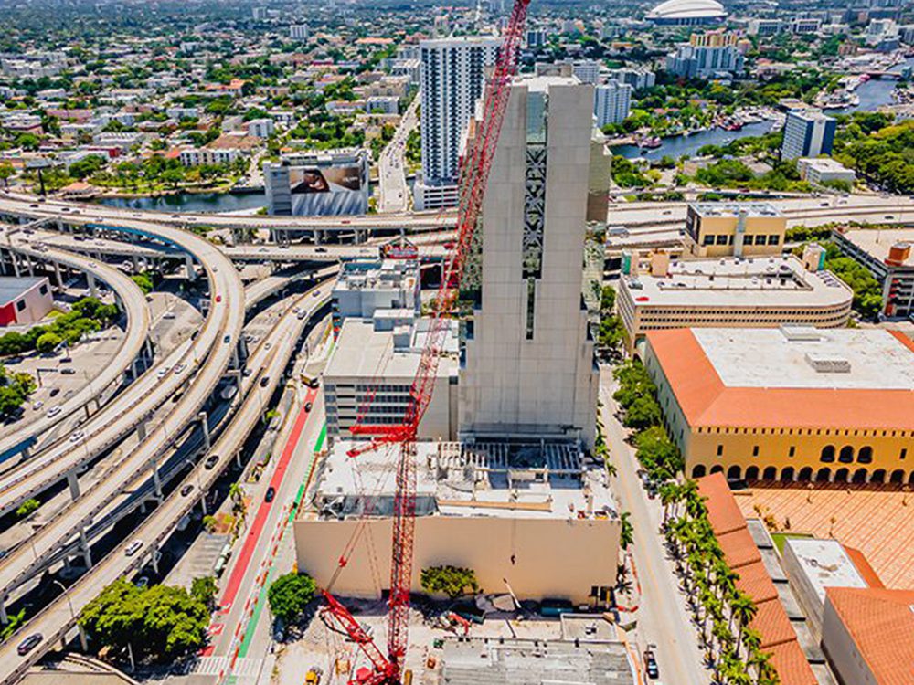 photo of Miami demolition project and Miami skyline